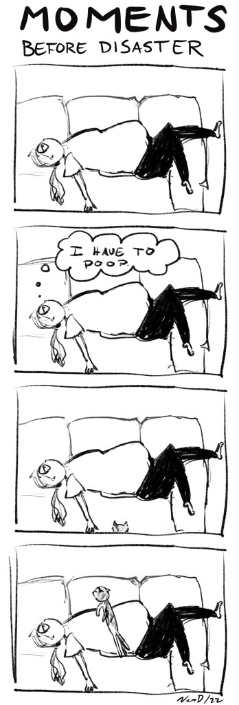 A 4-panel comic strip. In the first panel, a woman lounges on her back on a couch looking bored. The second panel is the same, but with a thought bubble that says, "I have to poop." The third image is the same as the first, but a cat appears at the bottom on the couch. In the final panel, the cat pounces, about to jump on the woman's stomach.