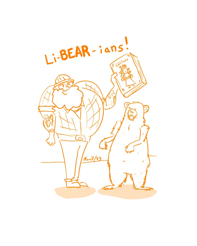 A cartoon drawing of a bear, like a bear, and a gay man, like a bear. The caption says LiBEARians