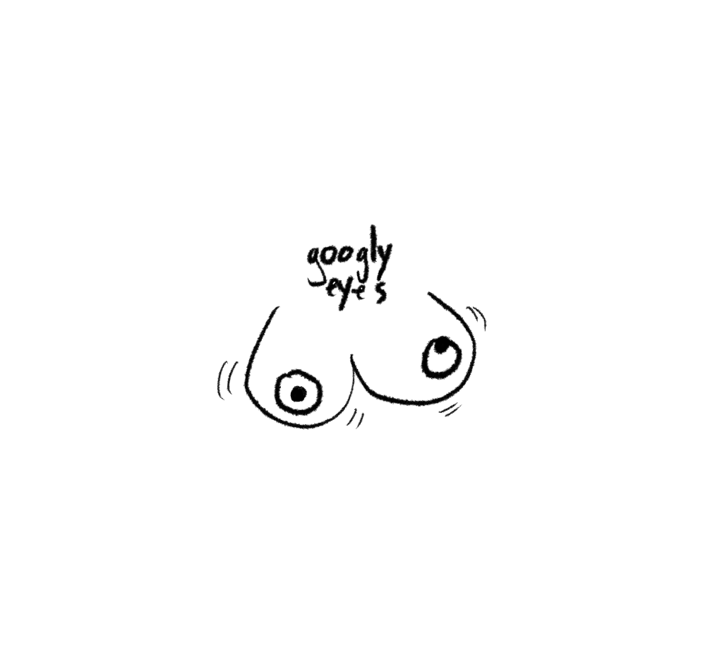 Picture of boobs with google eye nipples, text that says: google eyes