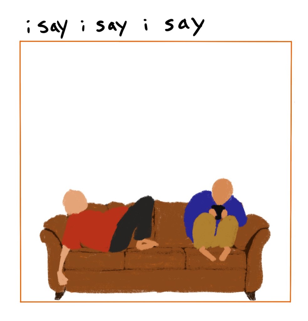 Panel 1: 2 people shaped figures on a couch, one lounging, one on their phone