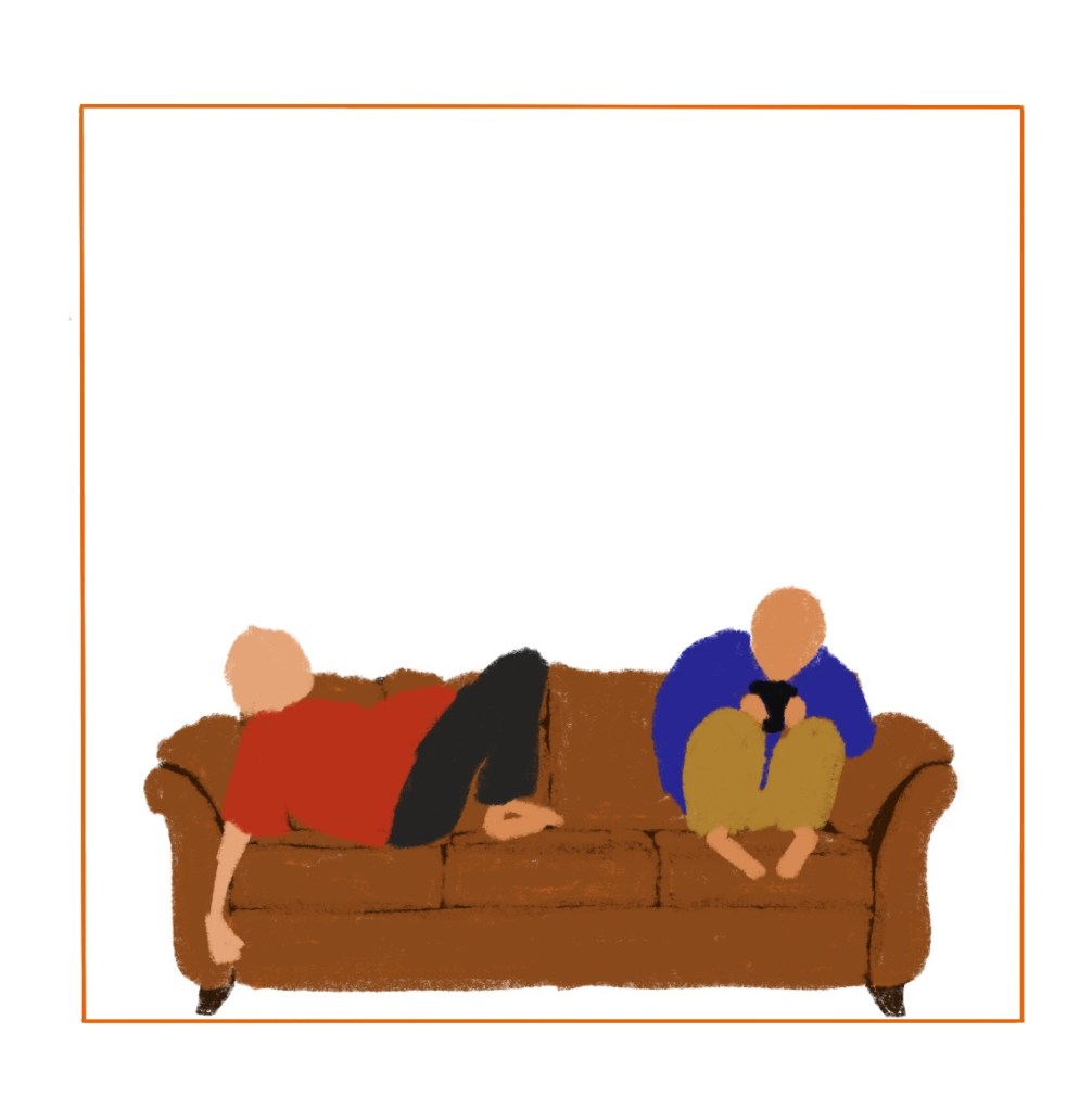 Panel 2: 2 people shaped figures on a couch, one lounging, one on their phone